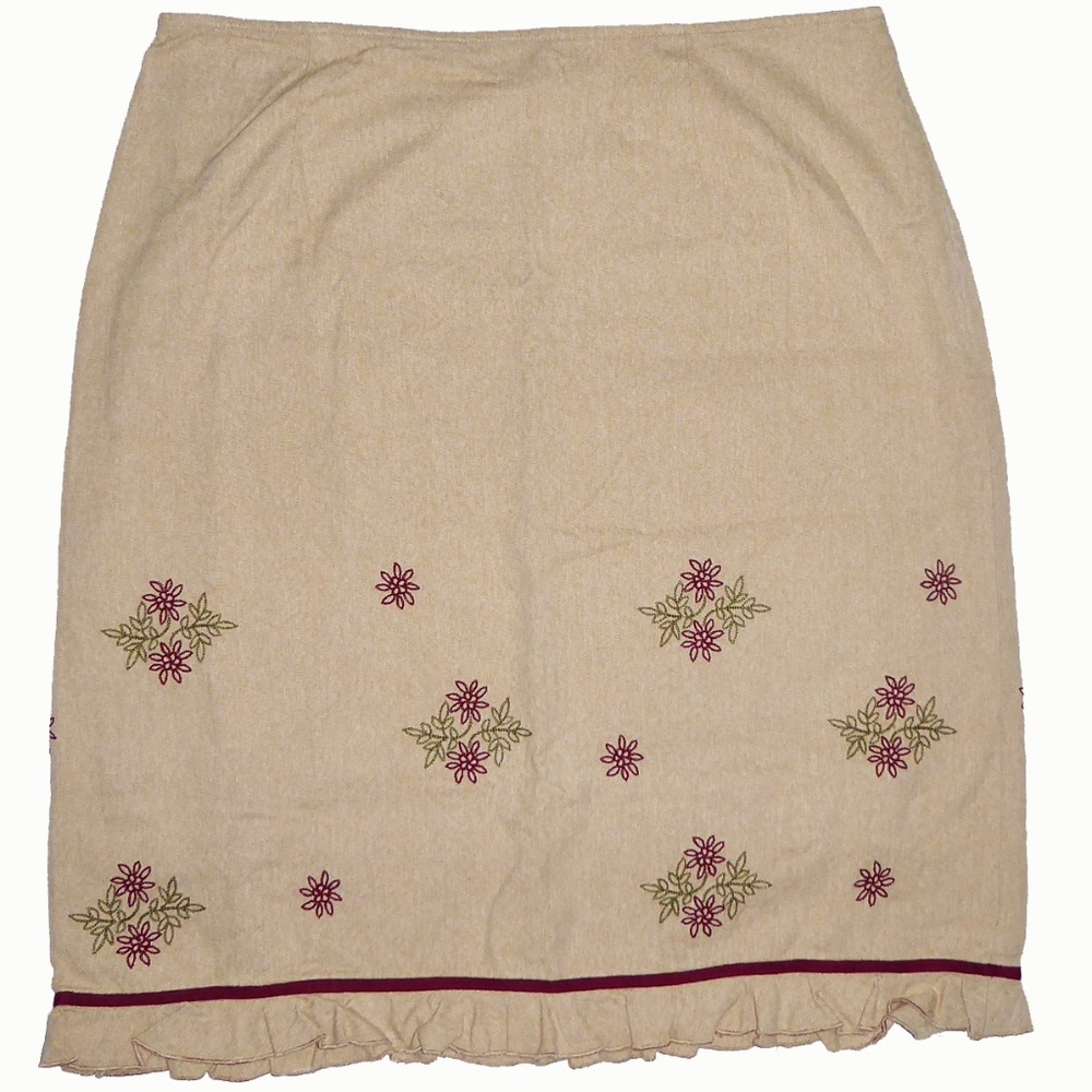 LOFT TAN EMBROIDERED SKIRT FLOWERS RUFFLE HEM SIDE ZIP BEIGE RED COTTON SIZE 12